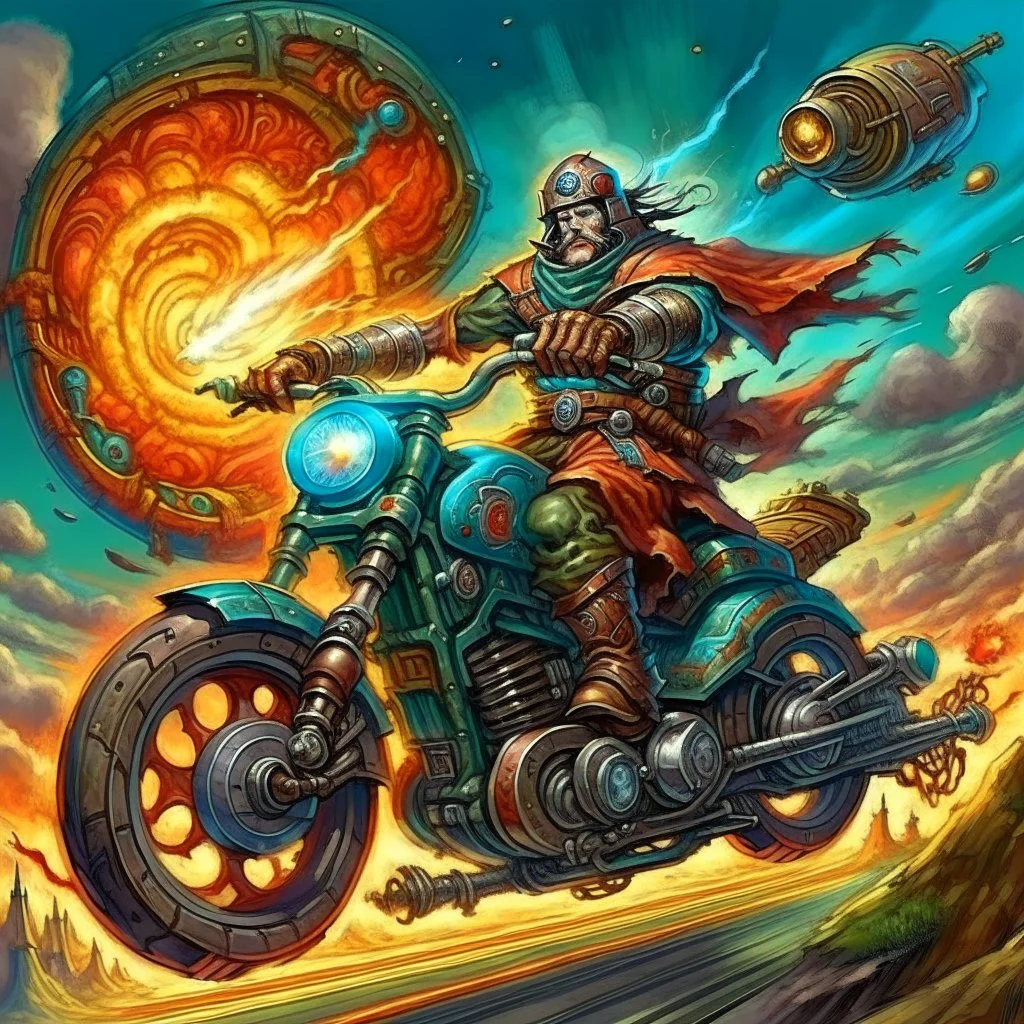 Kebab Man mounted his holy motorcycle, the engine roaring to life with divine power. With a final glance at the celestial realms, he sped down to Earth from heaven, ready to begin his quest.