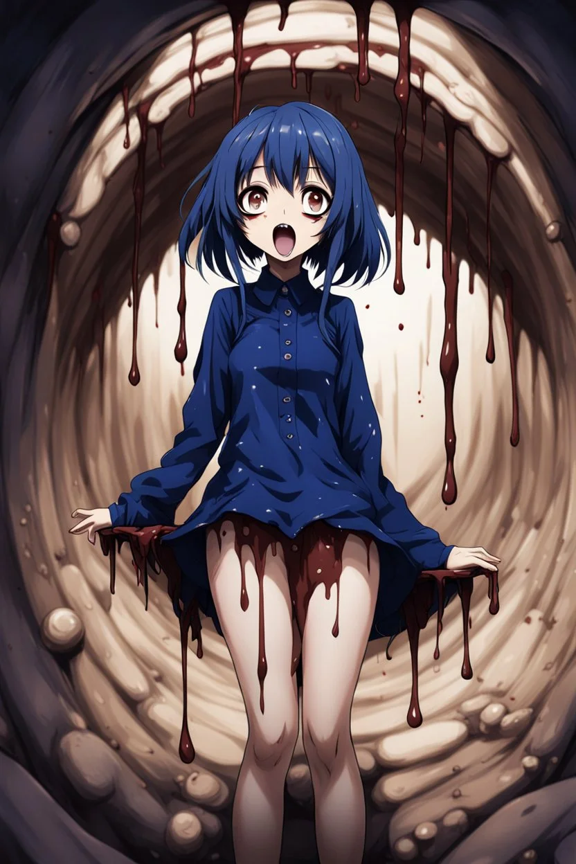 Anime girl with big eyes, darkblue and sepia tones, fullbody, slime, the perspective looking up from the bottom of an empty well, rolling eyes, tongue out, blood drip, open mouth,