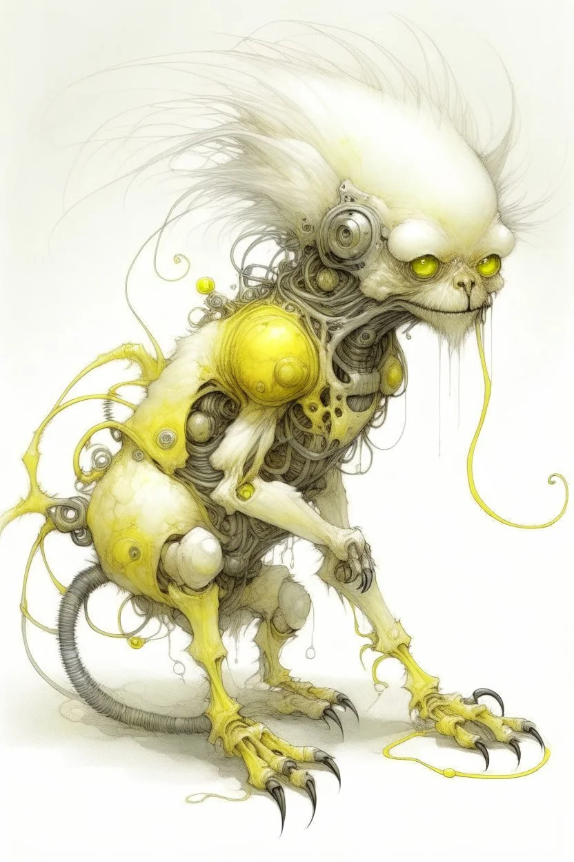 Artist Jean-Baptiste Monge style. A mechanical humanoid pale yellow filament-creature. White furry liquid tendrils. White eyes.