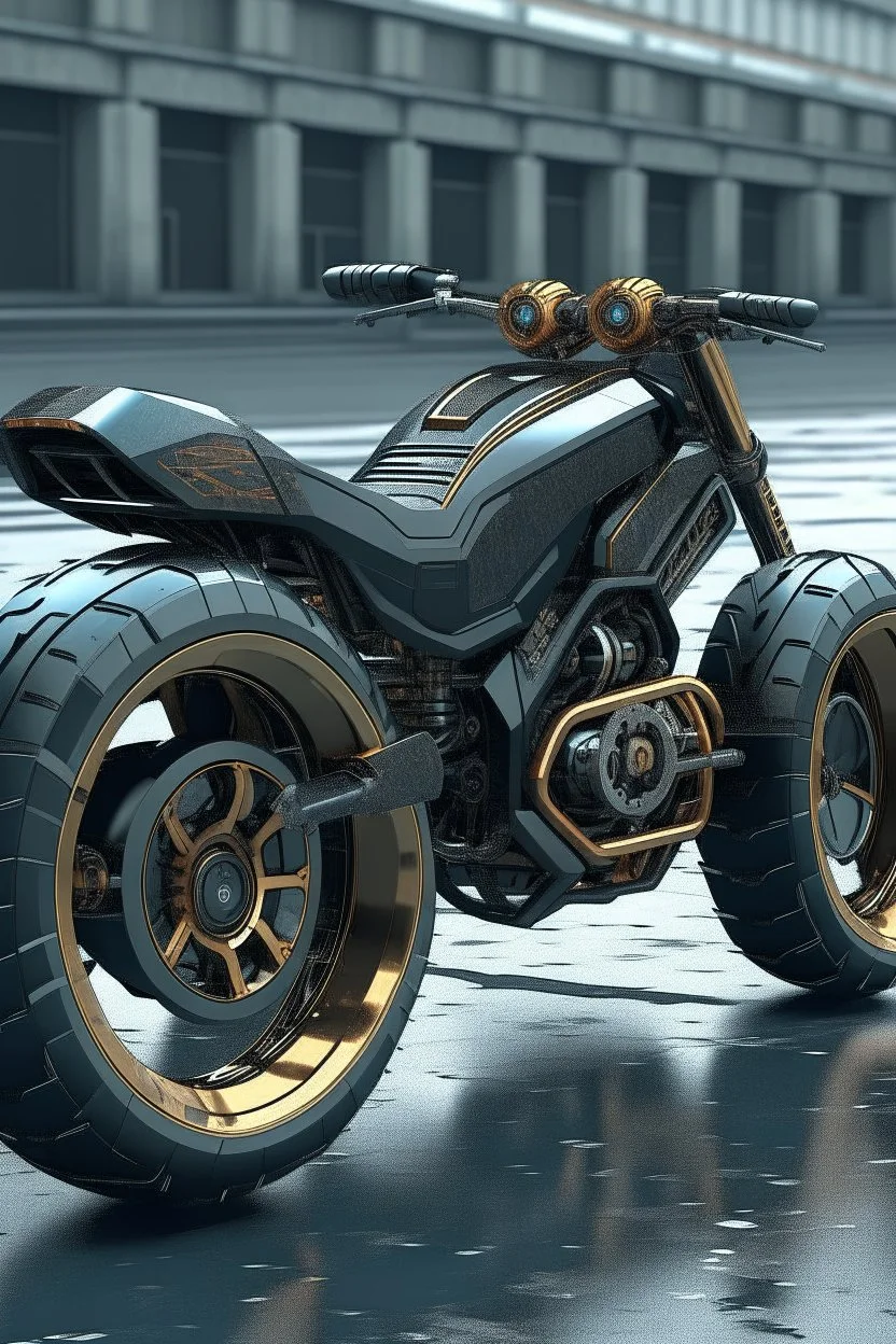 An advanced motorcycle with four wheels and a turbo jet on the back