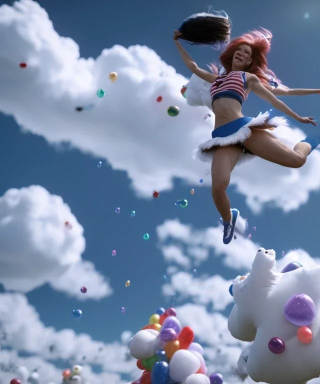 Ultra realistic speed clouds sky scene, wide angle view, cheerleader teenager falling down with many Children background, inflatable monsters, circus dress style, feather color, free jumping flying, many trinkets, hair monster, many jelly beans, balls, color smoke, smile, happy, extreme, wind, clouds sea, 20,000 feet altitude, stratosphere, soft color, highly detailed, unreal engine 5, ray tracing, RTX, lumen lighting, ultra detail, volumetric lighting, 3d, finely drawn, high definition.