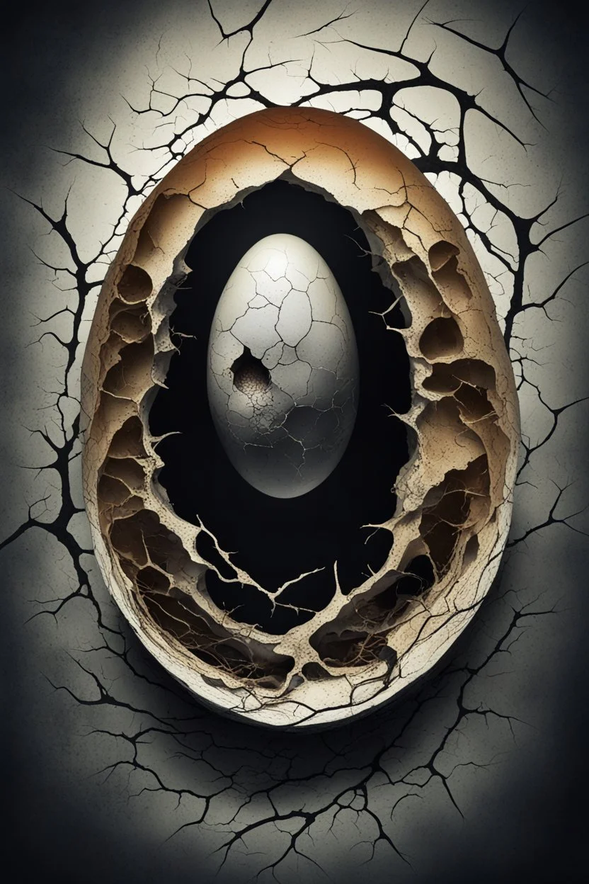 a haunting image of an embryonic human emerging from a cracked egg