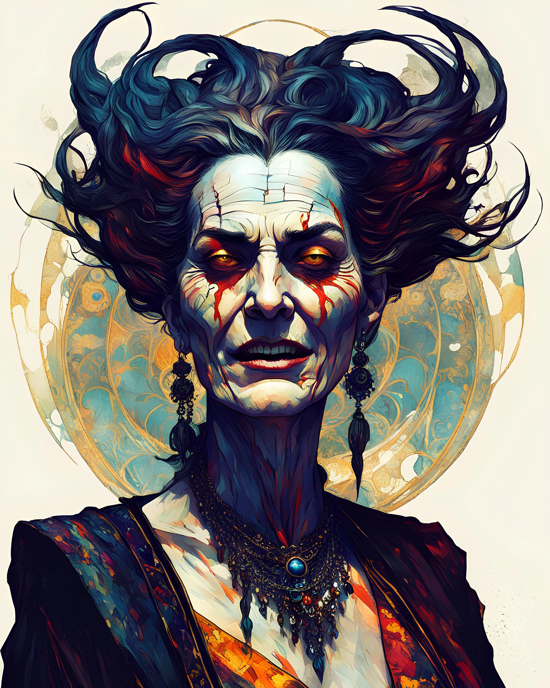 a fanciful, full body, close up, portrait illustration of an aged, ancient Romanian vampire sorceress filled with ecstasy, drama, split, glitchcore, macabre, double exposure, surrealistic, in the impressionist style of Childe Hassam, mixed with art nouveau, and abstract expressionism of Egon Schiele, and the comic art style of Jean-Giraud Moebius, highly detailed hair, facial features, and skin textures, in subdued natural colors