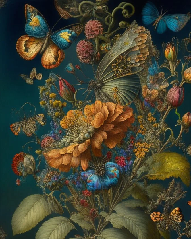 an ultra 8k detailed painting of many different types of flowers by John Constable, steampunk butterflies, generative art, intricate patterns, colorful, photorealistic