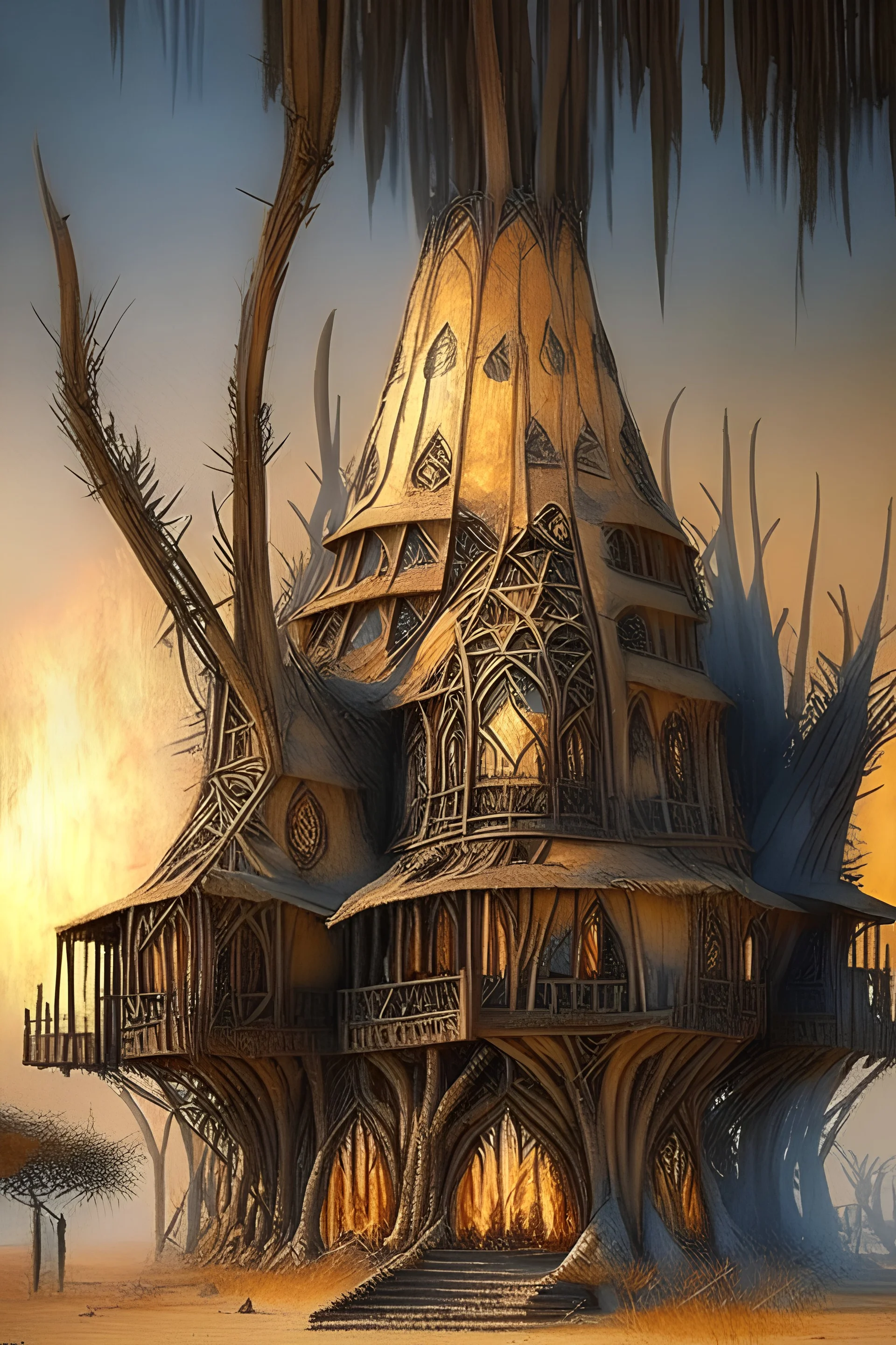 an elvish house in the style of enki bilal john howe burning man festival temple ibuku-bamboo-architecture elora hardy.