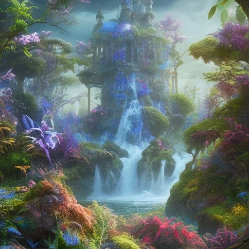 magical blu castel, bioluminsescent plants, 8k resolution, dynamic lighting, ultra hyperdetailed, waterfalls, ultra colourful flovers,, very small details, realistic.