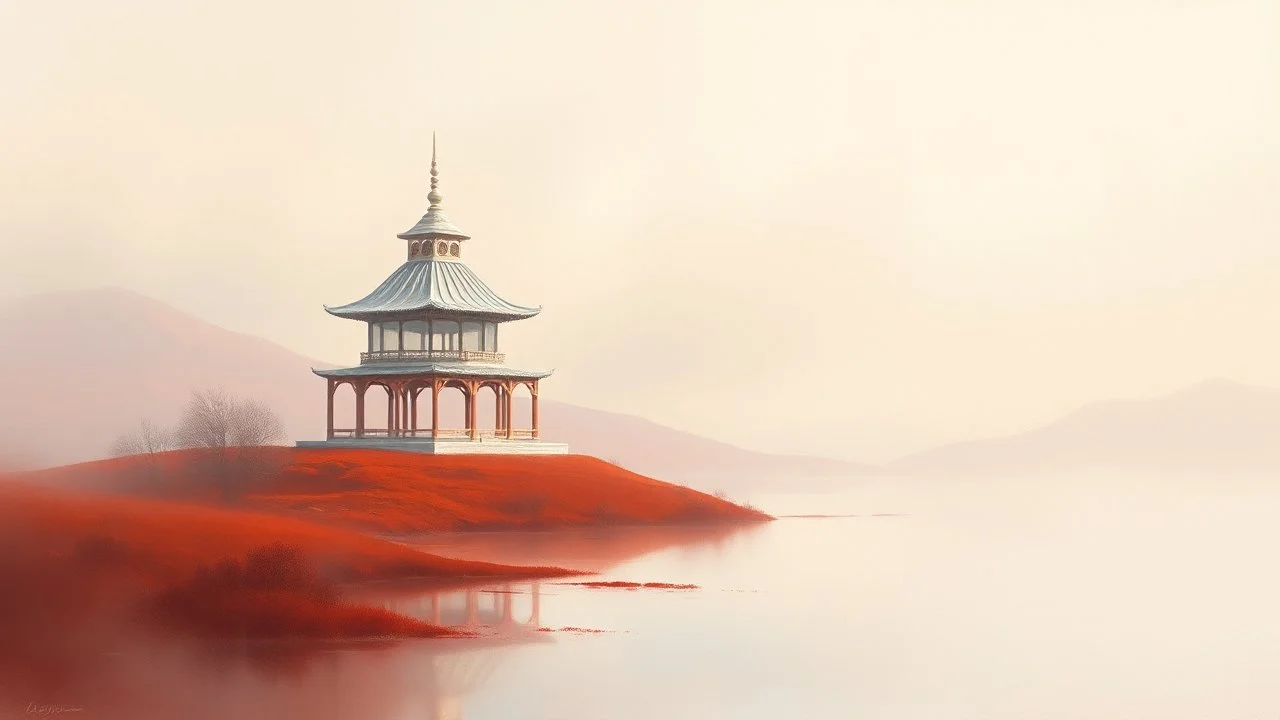 Milky‑glass pavilion rising from reddish terrain, soft reflections distorting the horizon and a silent atmosphere, oil‑painting style with diffused edges.