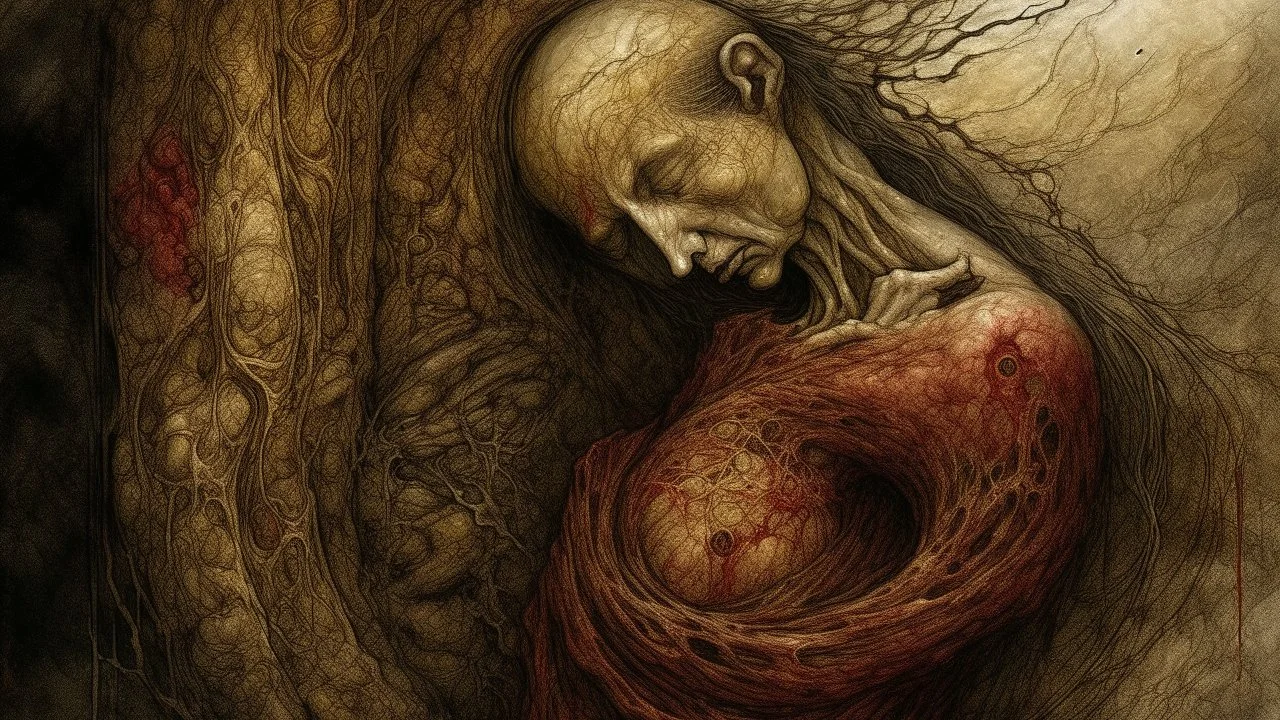 Intimate and textured composition centered on a being of abundant flesh, with a touch of symbolic authority.