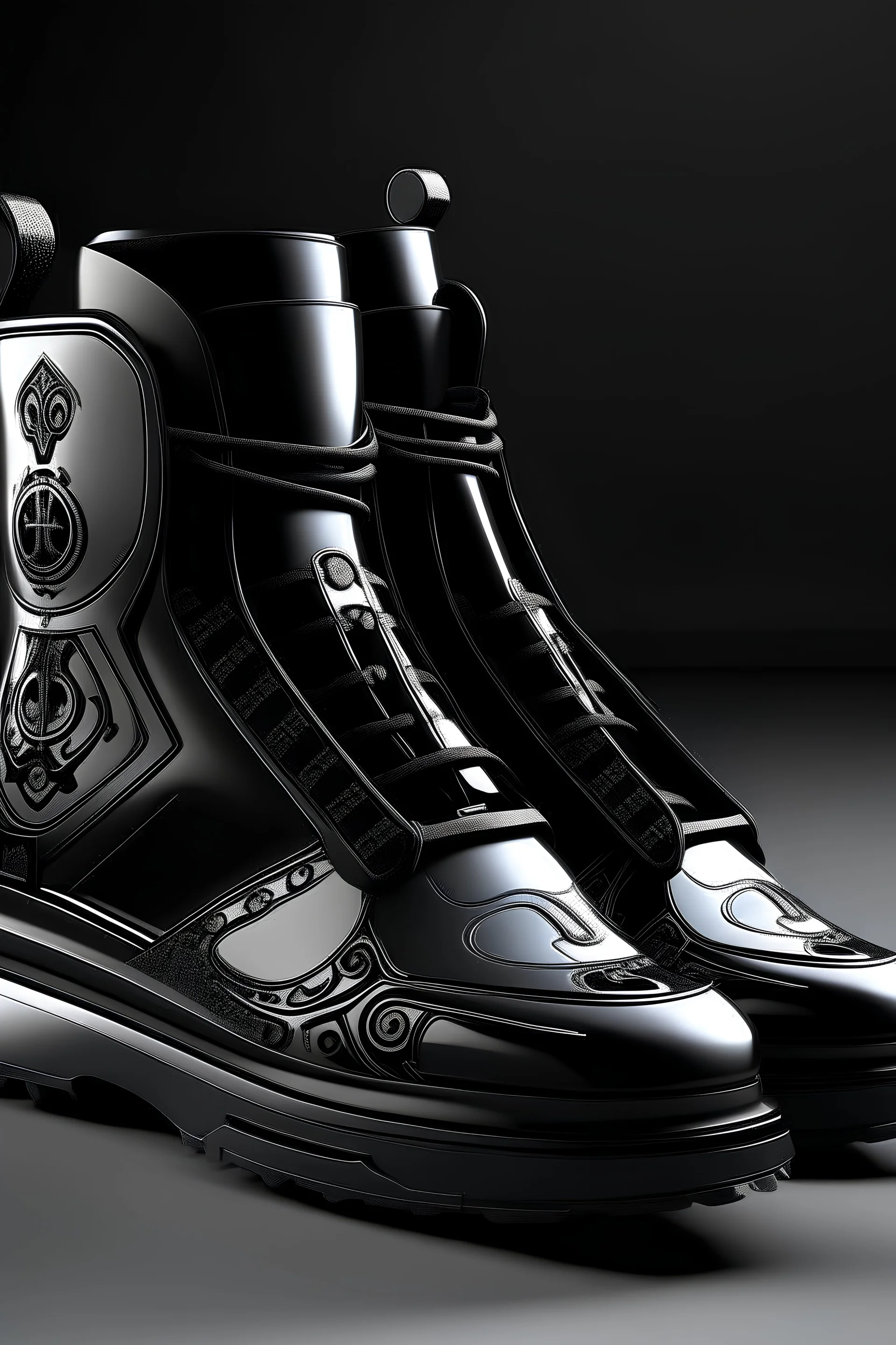 A futuristic black and chrome low top heavy boot based on hungarian traditional folk art
