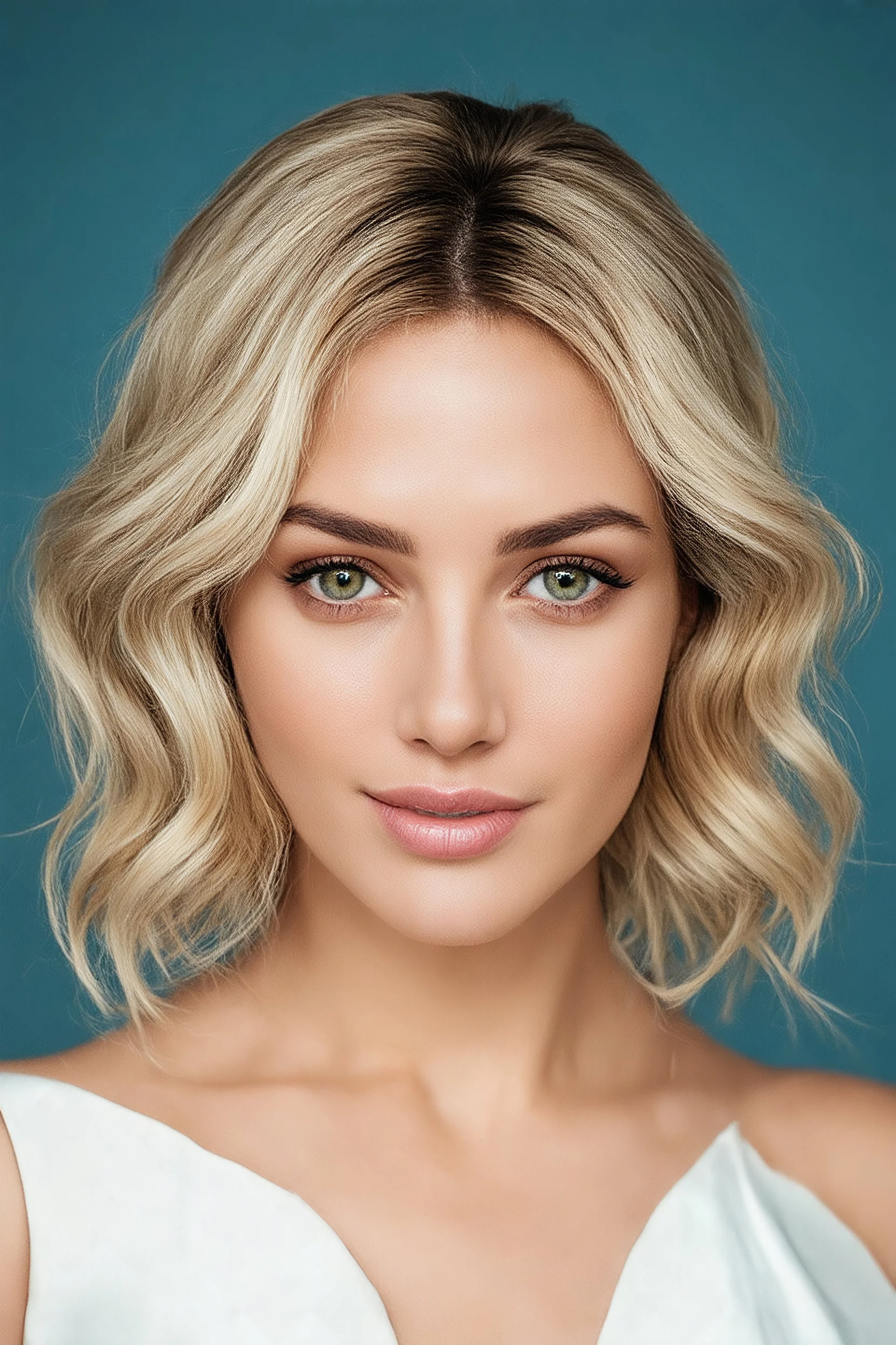 Vaginia Dacuntoll, 32-year-old American actress, photorealistic 4K, cinematic lighting, heart-shaped face, porcelain fair skin with warm undertones, high cheekbones, soft peach blush, large almond hazel eyes flecked with green and amber, long curled lashes, soft arched brows, straight narrow nose with rounded tip, full lips with defined cupid’s bow, long, bleach-blonde hair with bangs mid-back length, voluminous waves, deep side part, slender hourglass frame