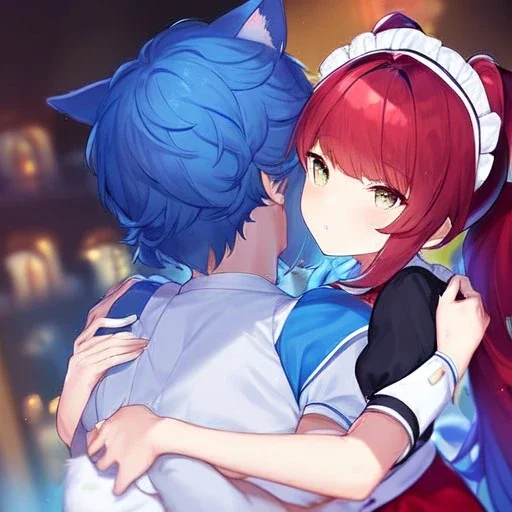 Clear Focus, High resolution, wearing a maid uniform, fluffy hair and a long ponytail, blue hair, cat ears, meowing, hugging another girl with red long fluffy hair also wearing a maid outfit, looking at you