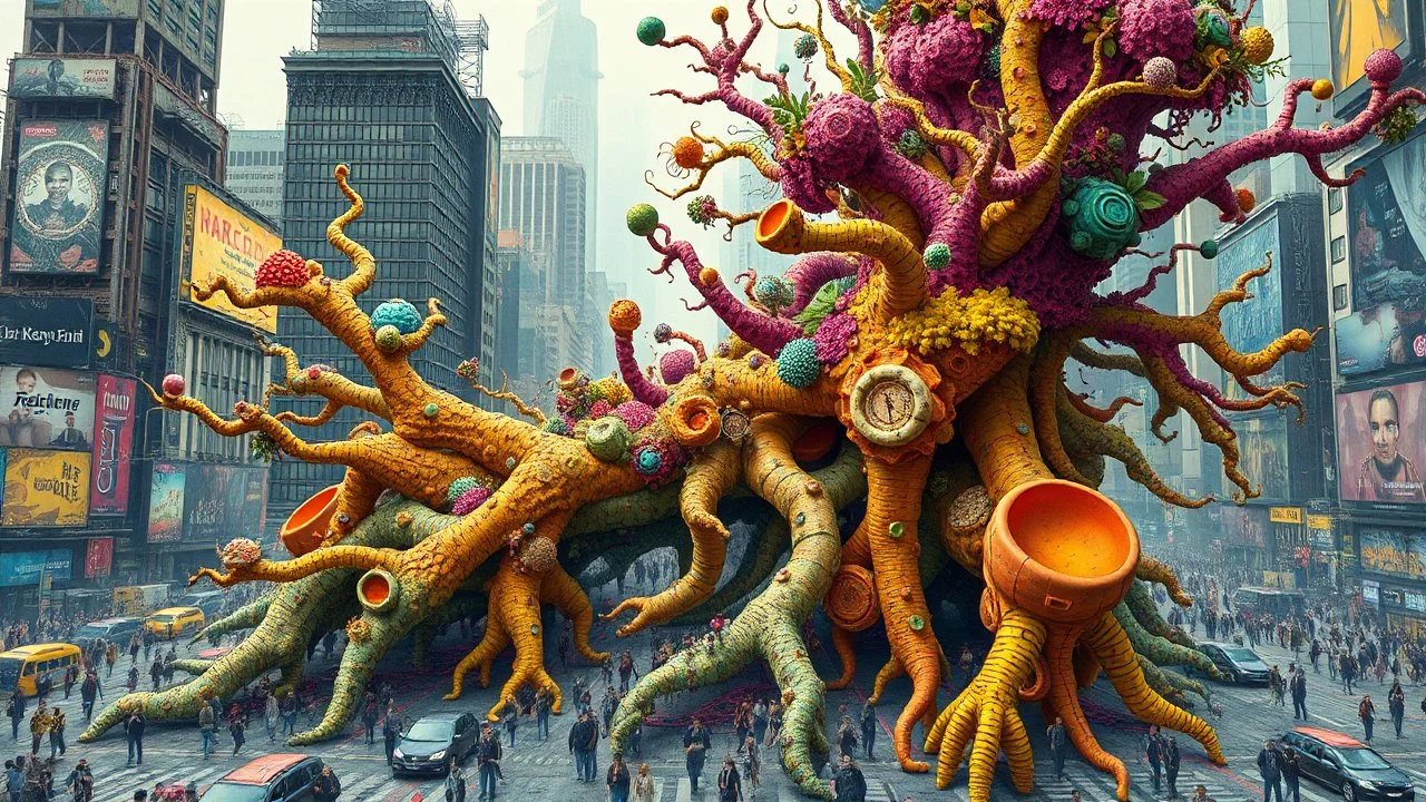 A vivid color image of a whimsical composed of intricate organic shapes, textures, and patterns resembling roots, branches, and other natural elements, set against a chaotic cityscape with an overall composition that has a futuristic quality