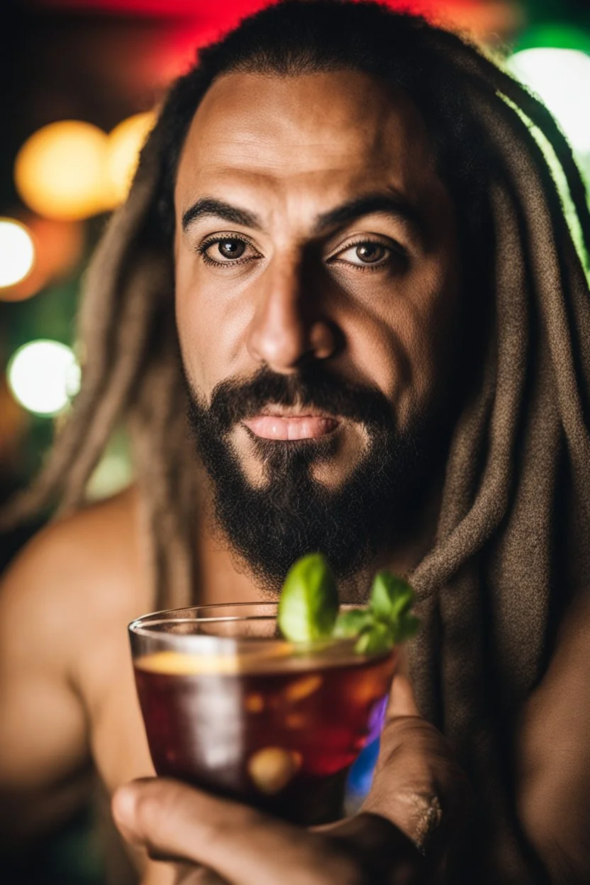 half figure photography of a rastaman chubby muscular strong 39-year-old arab in a discoteque, ajar mouth, shirtless, short beard, bald, drinking cocktail, manly chest, very hairy, side light, view from the ground