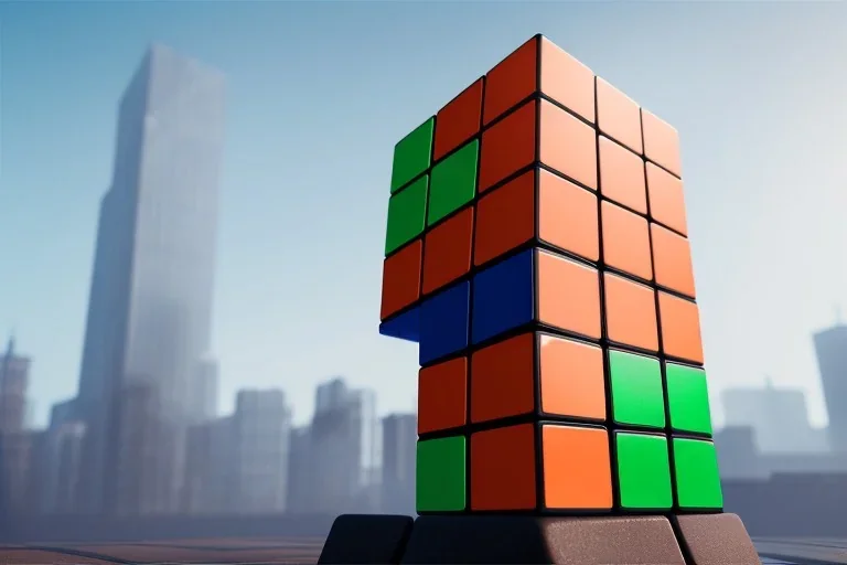  tall Rubik's Cube skyscrapers, skyline, Orange, white, blue, green