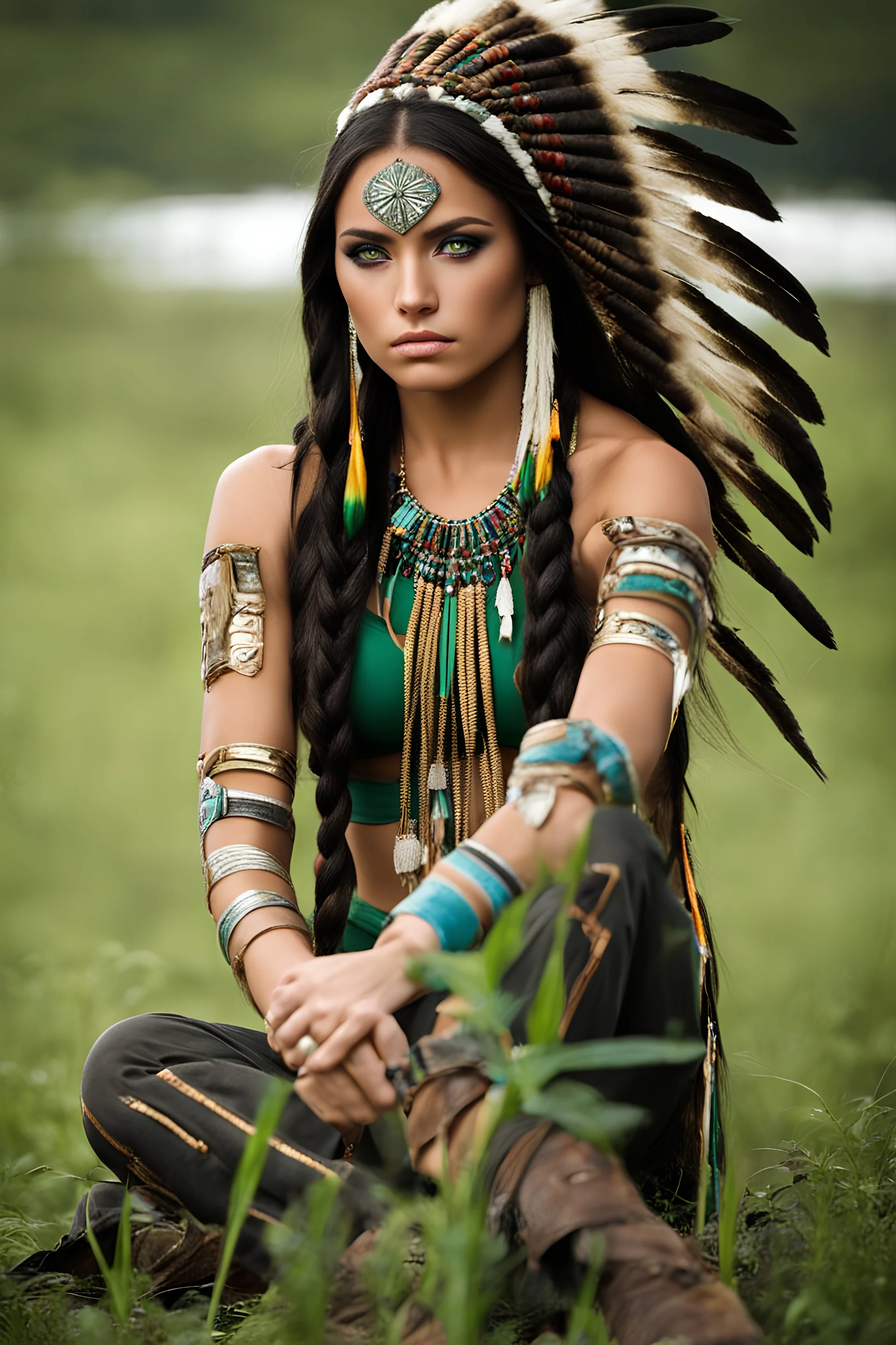 Beautiful girl with rainbow eyes, warrior, Native American, green and gold eyes, strong, sad, resilient, full body tough stance, photo-real