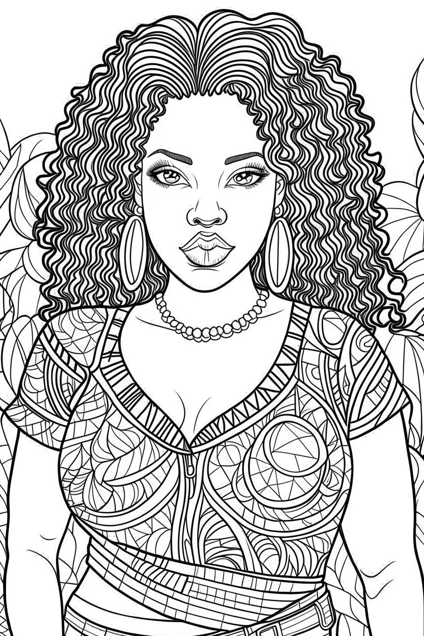 black curvy woman eyes front camera coloring page floral background