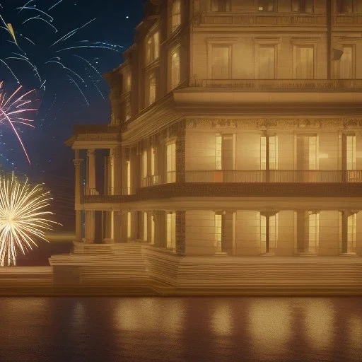 3d render of lawyer office, showing outside the new year fireworks, at night, hyper realistic, 4k