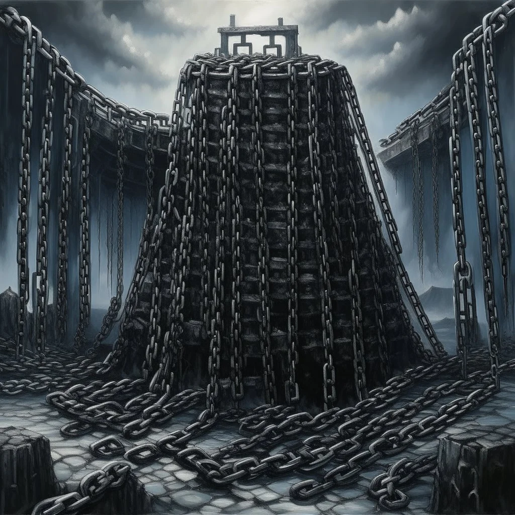 A black spongy fortress filled with chains painted by Qiu Ying