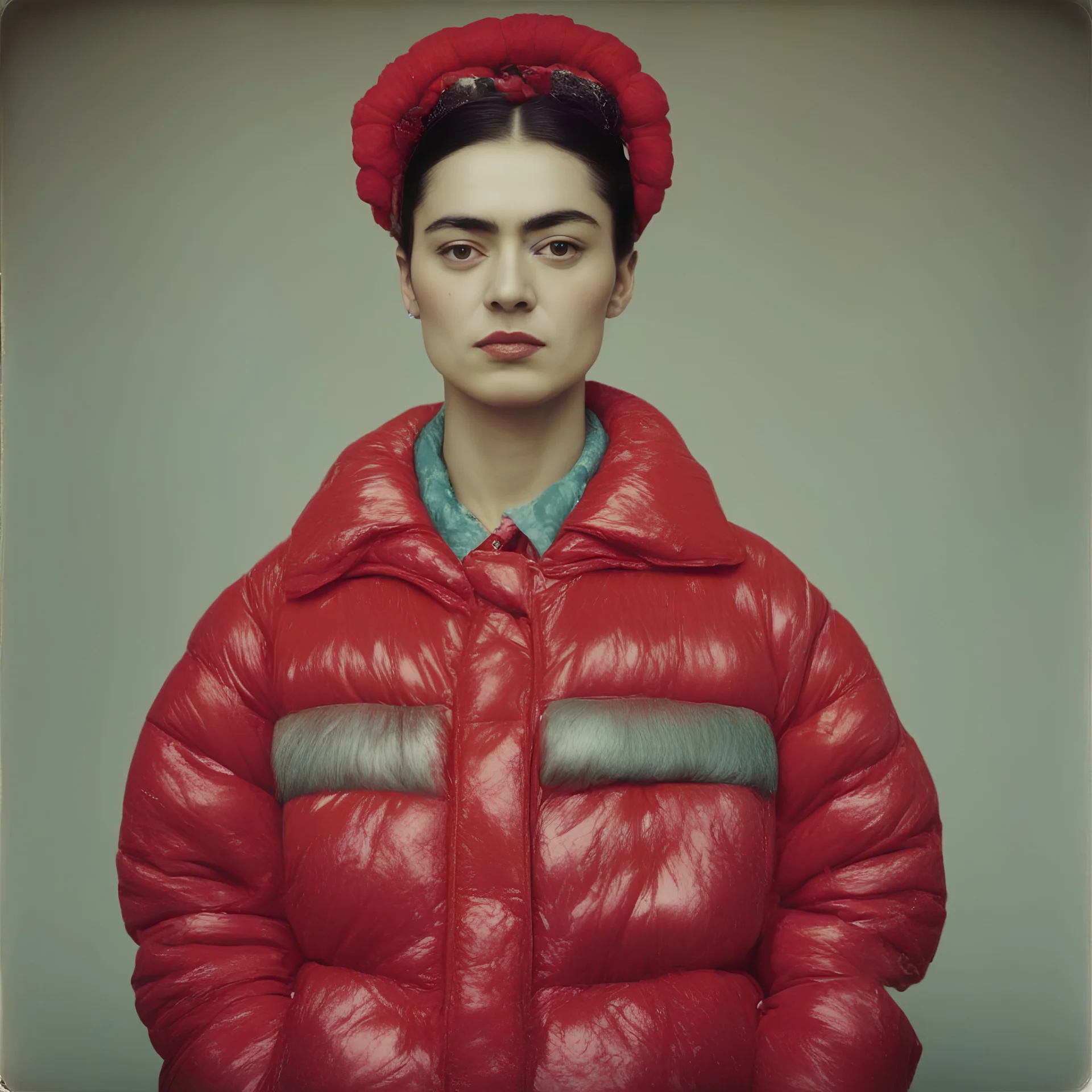 Frida khalo , red, autochrome, plastic puffy jacket