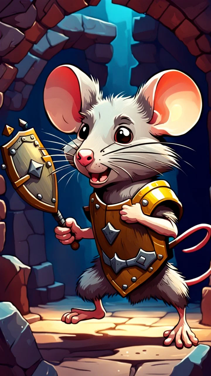 Shield Bash: "A cartoon rat with a tiny shield, pushing back an enemy, exaggerated motion, whimsical dungeon setting, fantasy illustration, vibrant and playful style."