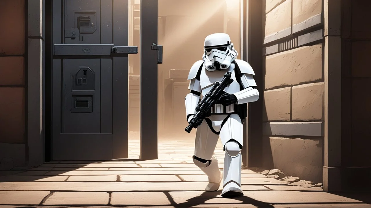 a dusty stormtrooper escaping from a rebel jail, he is on the doorstep, laser bars on the door, in the shadow of the doorstep