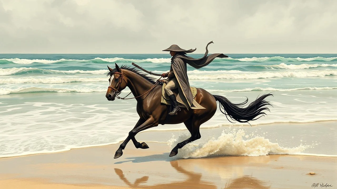 Fantastic illustration of an enigmatic figure on a galloping horse right where the wet sand meets the sea foam.