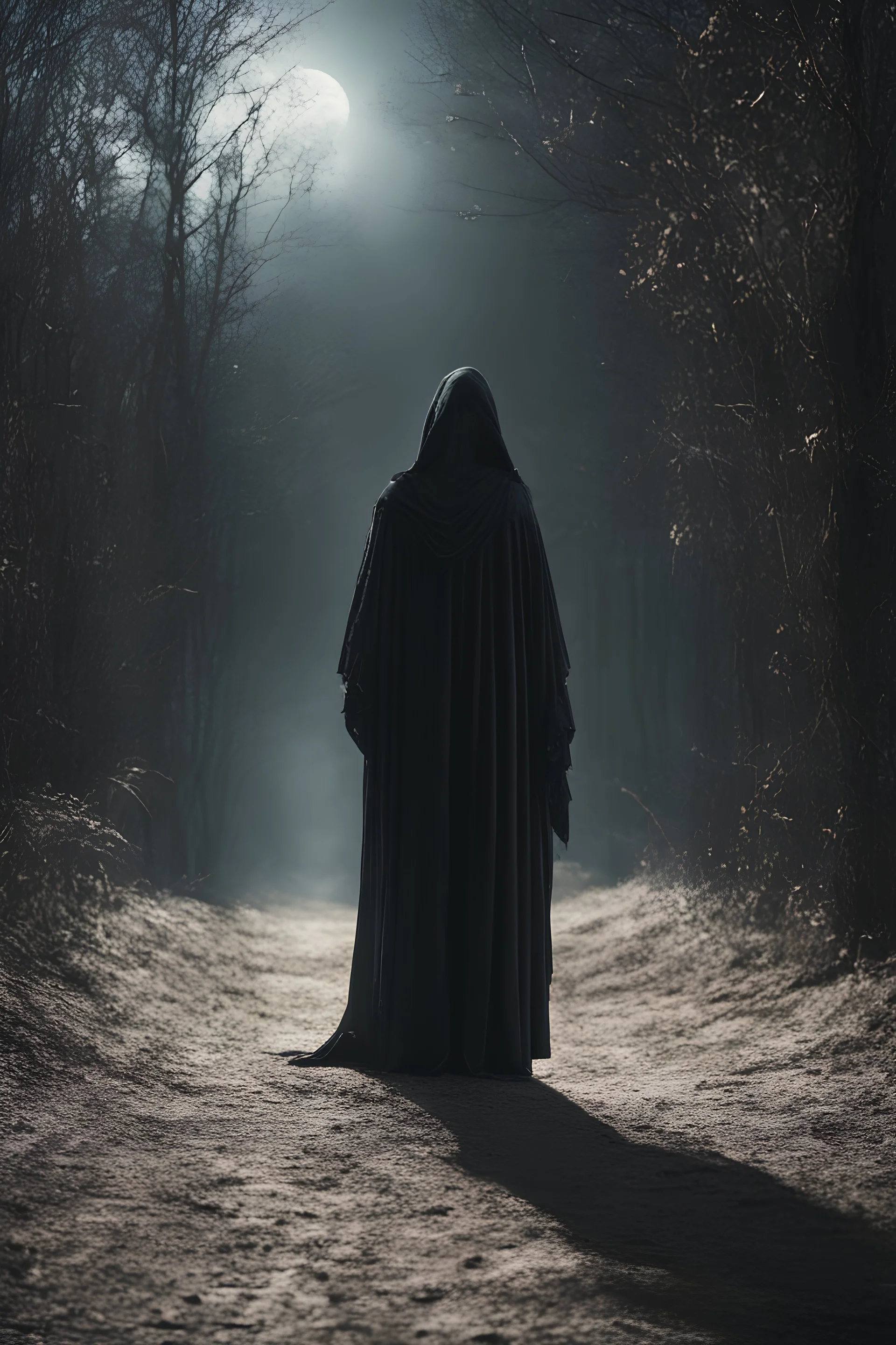 cinematic shot of a biologically extraterrestrial Grim reaper in a ethereal world, There is a shadowy energy surrounding him with particals floating everywhere. The vibe is dark, evil and eerie in a photorealistic style shot with Sony Alpha a7R IV 35mm f/2.8 GM