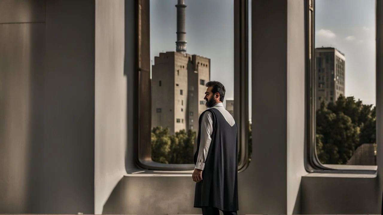 2 Persian big man in a modern street in Tehran with a tower.