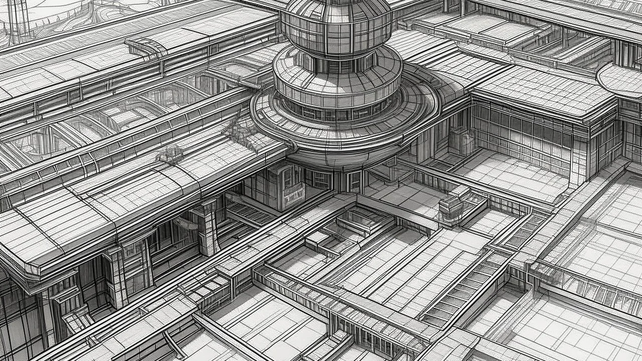 Architectural drawing of a battle station in outer space in the style of Franklin Lloyd Wright,detailed, hyperdetailed, intricate, elaborate, a masterpiece