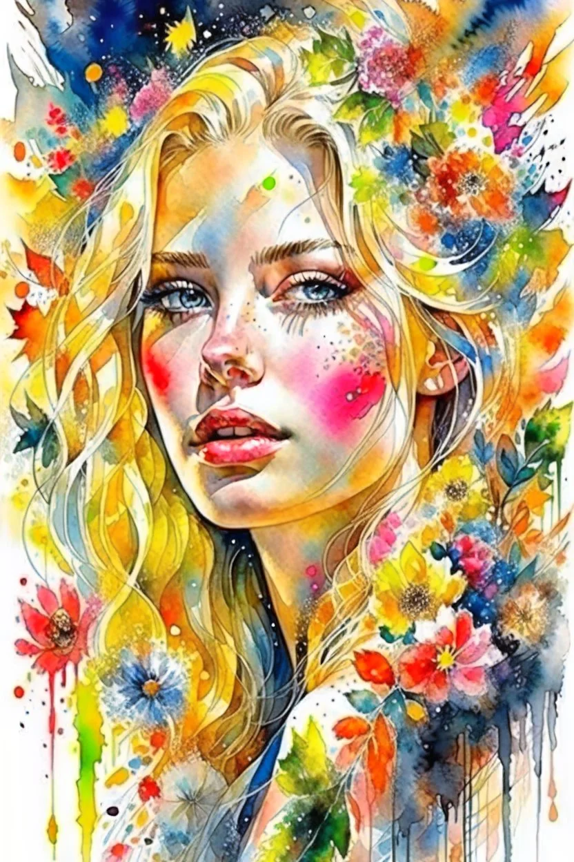 Gorgeous wet look watercolour, a beautiful sensual blond blonde woman, beautiful late summer flowers, colourful, enchanting, wet on wet, silver and gold drops, sparkling lights, winning, intricate, beautiful, gorgeous by Yossi Kotler,