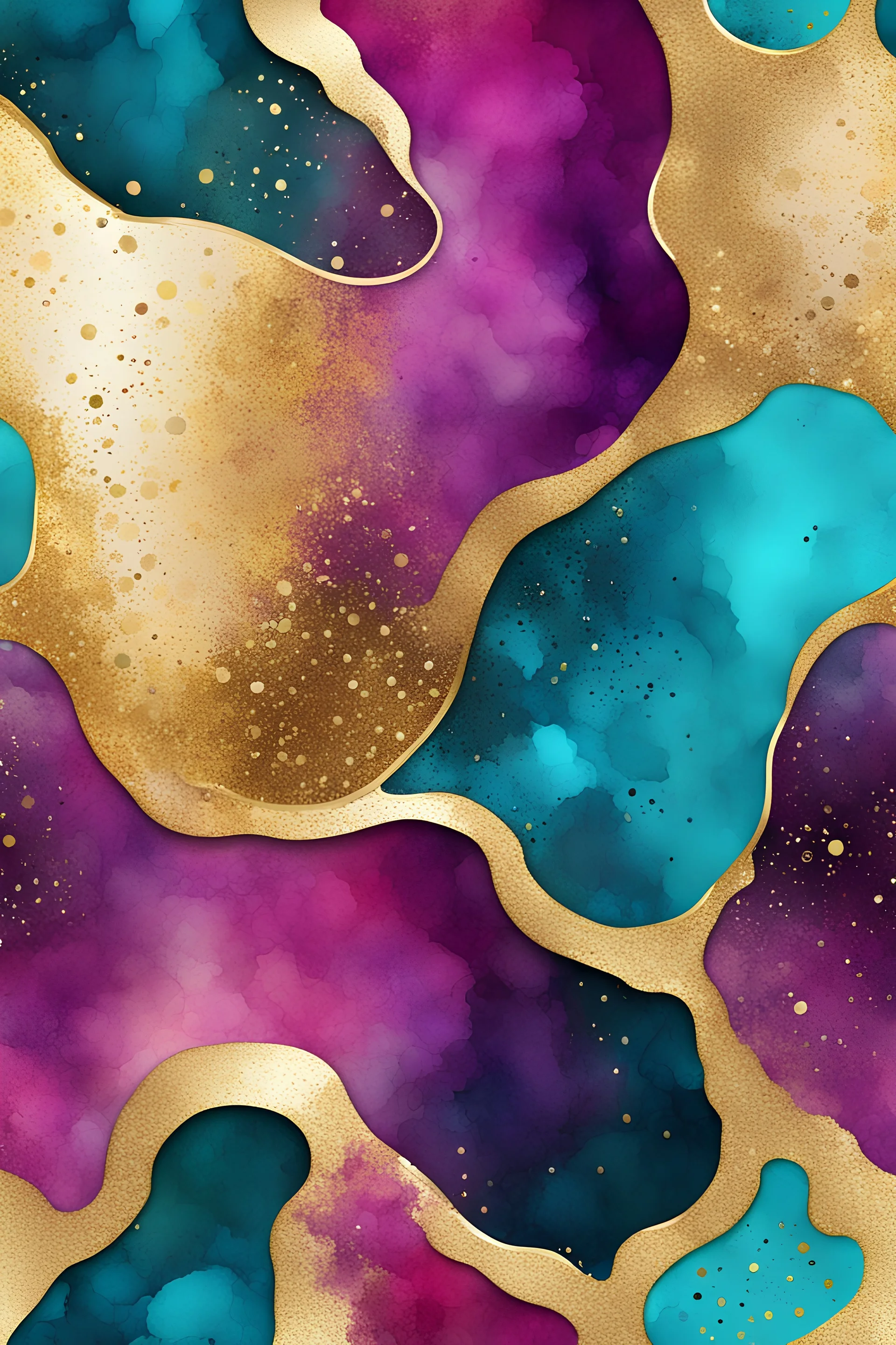 abstract golden glitter, dark magenta and turquoise watercolors with golden outlines