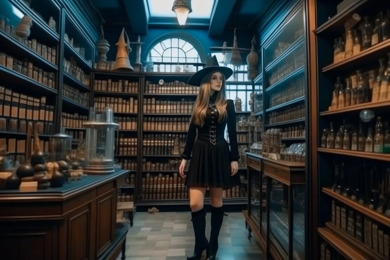 full-height shot of a young witch in a tight black short skirt, inside a large magic shop, shelving, bottles, windows