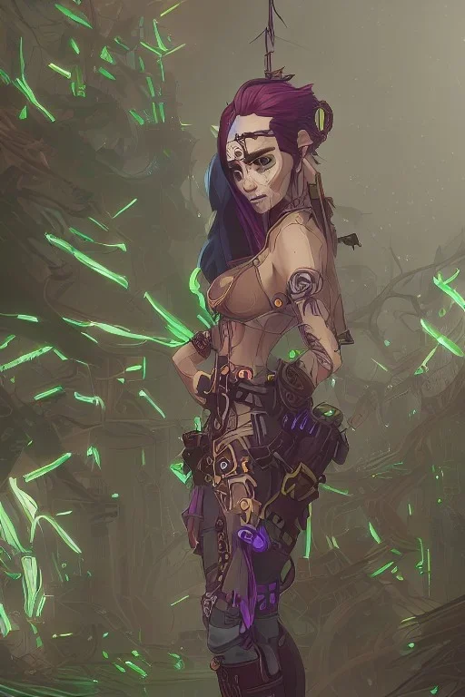 steampunk elf in a neon dystopian forest