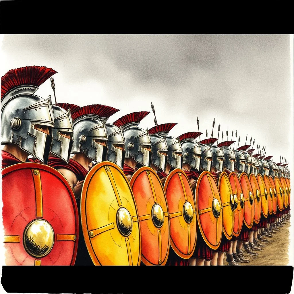 Scene from the movie "300" with a row of spartans in a phalanx alignment with elaborate Spartan Shields liined up, watercolor and ink, dramatic, arrows