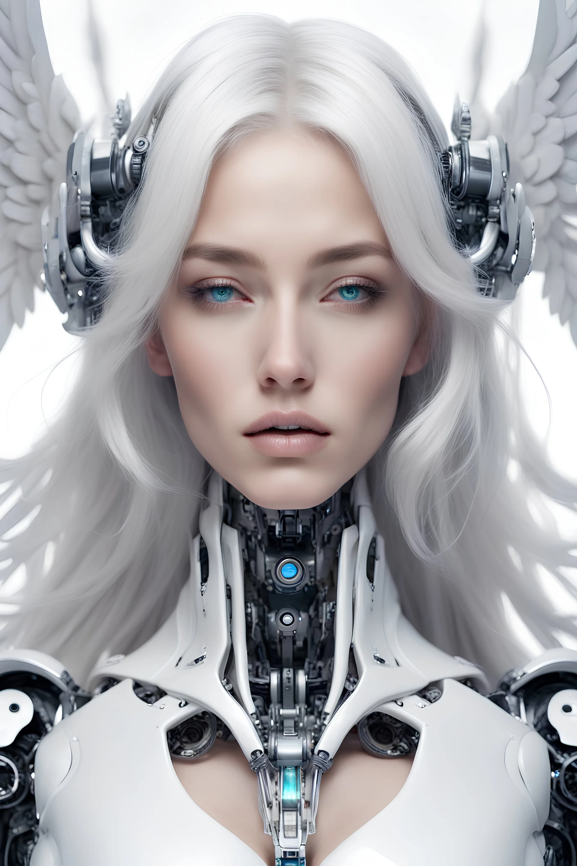 robot, beautiful woman, white hair, angel,