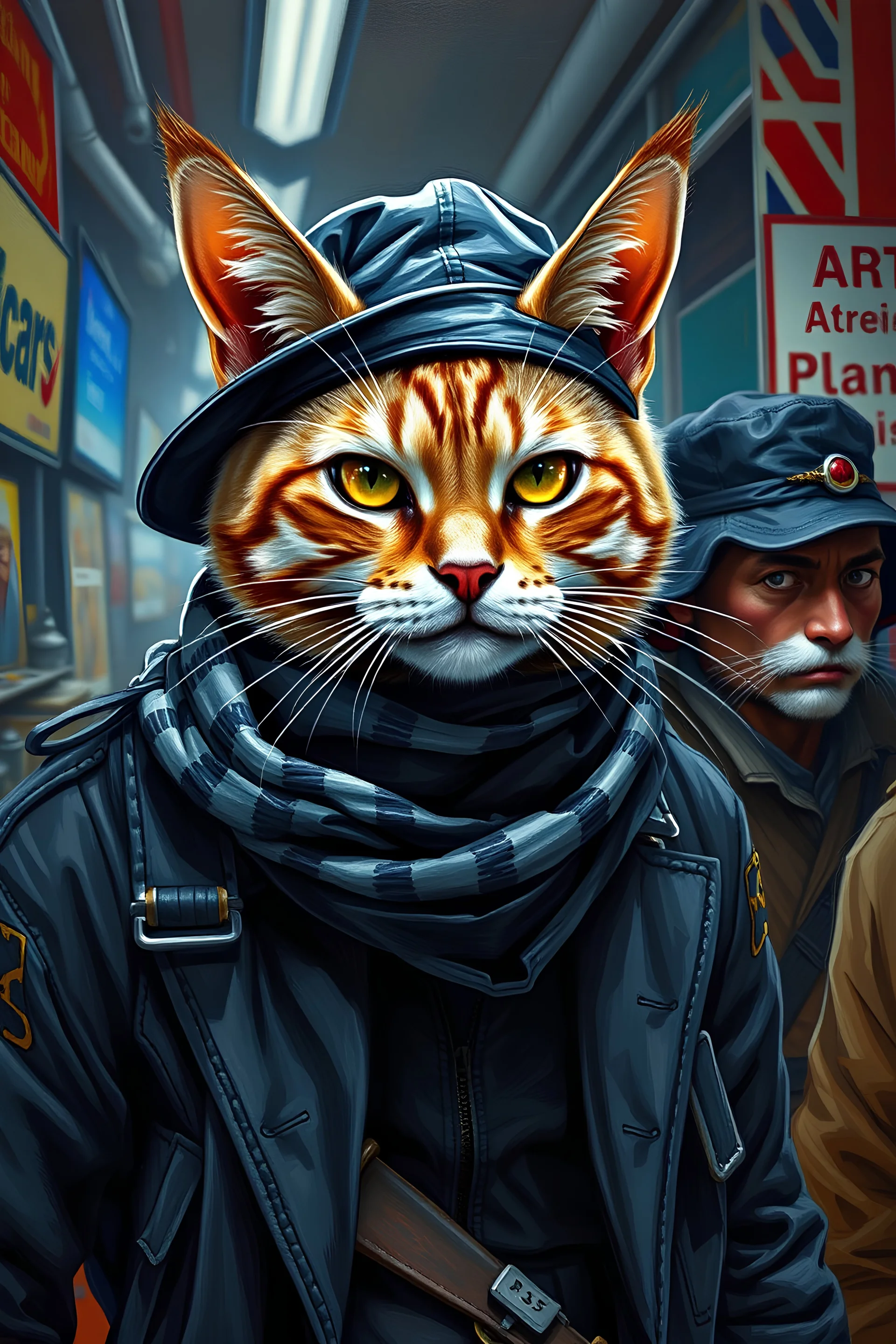 Painting of cat in hat and scarf, trendy in art station, punk dressed, detailed hyper-realistic rendering, British gang members, street style, intimidating pose, planet of cats, trendy clothes, urban samurai, meow, western slavic features, 8 1 5