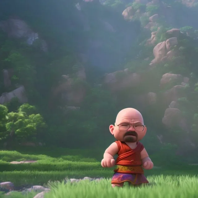 Walter white toddler, full body, angry, Buddha body, dynamic pose, tokio background, dramatic lighting, hyper realistic, unreal engine, 8k, upscale