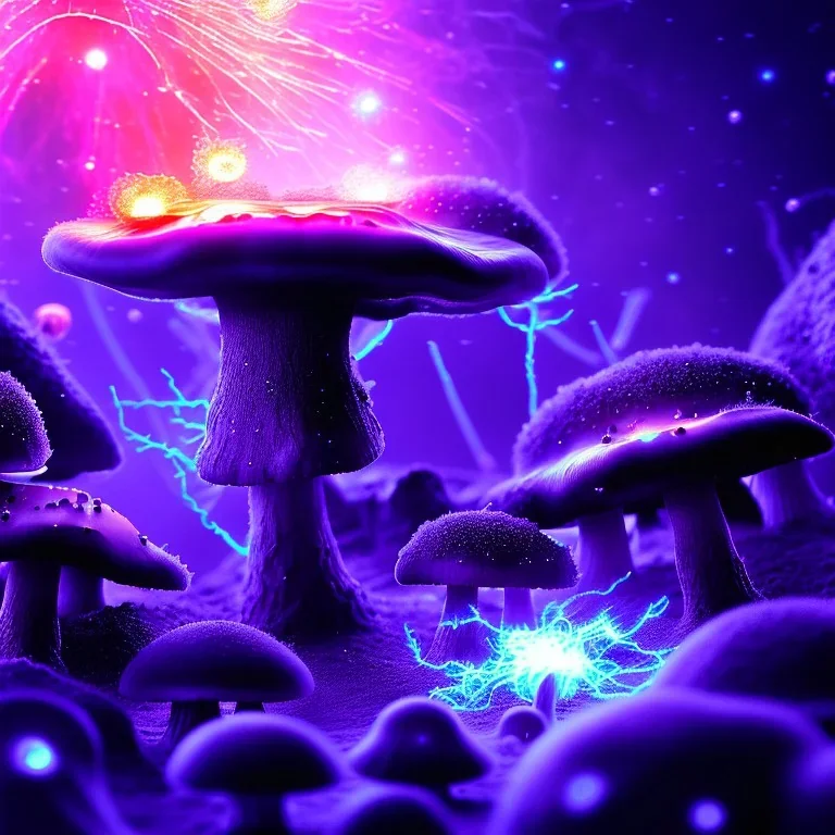 Spherical Frost metal magic armoured lightning glowing Mycelium MUSHROOM stars galaxy SPACE lANDSCAPE BURNING IN BLUE FLAMES hellfire abyss math chaos vivid cell