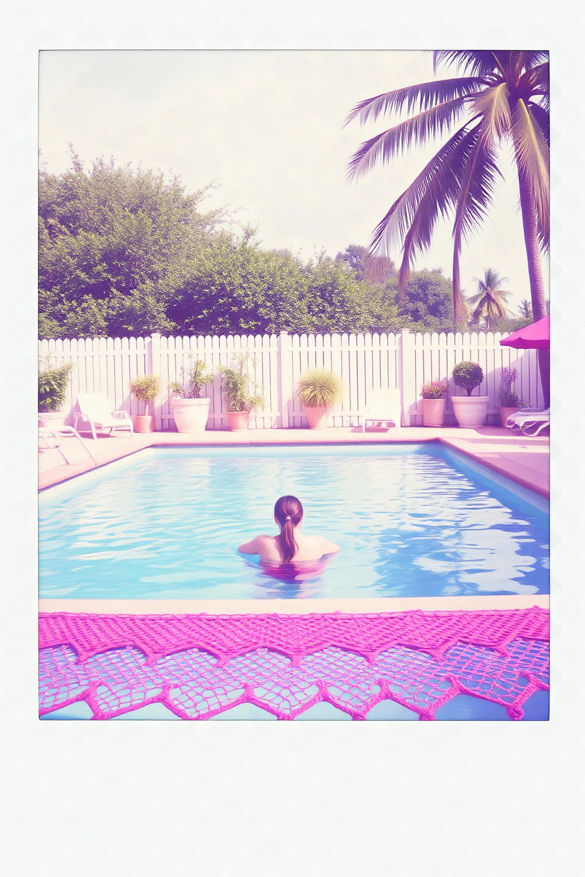Vintage polaroid of a hippie swimming pool, crochet, purple