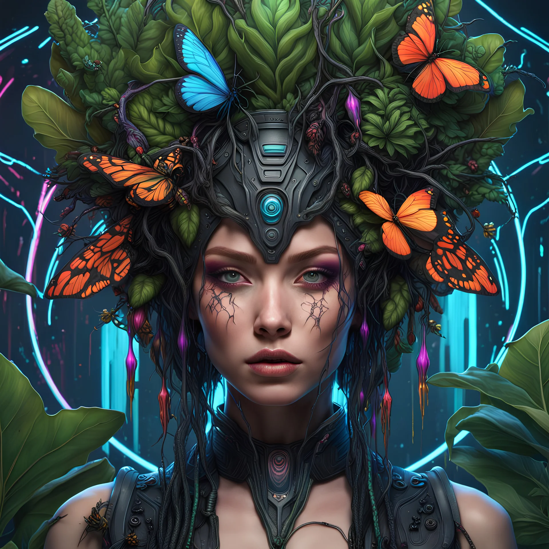 Expressively detailed and intricate 3d rendering of a hyperrealistic: woman, cyberpunk plants and flowers, neon, vines, flying insect, front view, dripping colorful paint, tribalism, gothic, shamanism, cosmic fractals, dystopian, dendritic, artstation: award-winning: professional portrait: atmospheric: commanding: fantastical: clarity: 16k: ultra quality: striking: brilliance: stunning colors: amazing depth