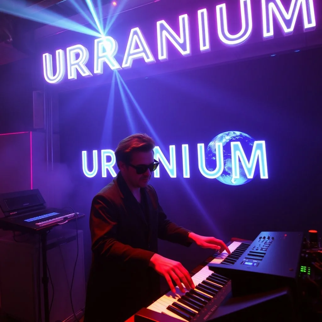 French cool synth player, he is called "Jean-Maurice Brûlée" performing at dance club, his name is "Jean-Maurice Brûlée" , white and blue Neon lights and smog, and "URANIUM" big sign on the wall, he is playing on synthesizers on stage with lot of laser beams and wearing black sunglasses, an earth is projected in background