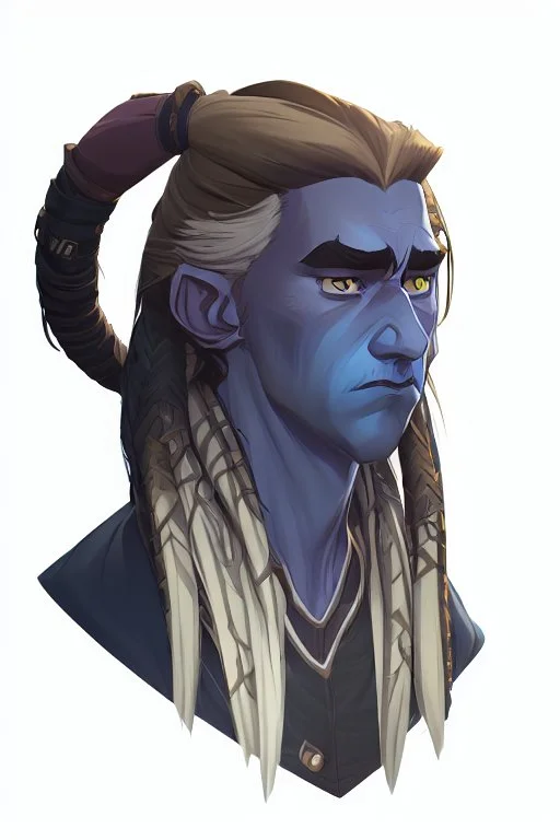 A tieffelin with blue skin and white Dreadlock hair. His pupil-less eyes are green. He wears a small beard.