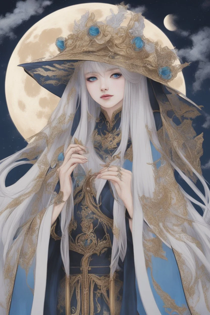 Moon queen long white hair, black robes, blue eyes