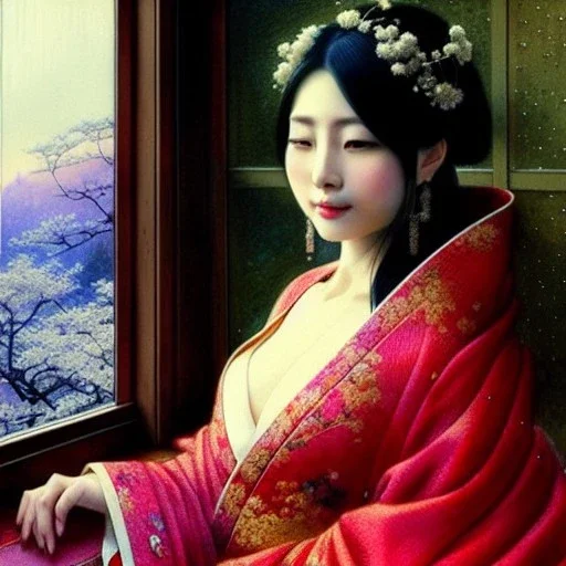 portrait beautiful face japanese Gheisha,window,busty,japanese garden,snow,cherry trees,mountains,ancient leather armor, balanciaga fashion clothe painting by gaston bussiere, greg rutkowski, yoji shinkawa, yoshitaka amano, tsutomu nihei, donato giancola, tim hildebrandt, oil on canvas, cinematic composition, extreme detail,fit full head inside picture,16k