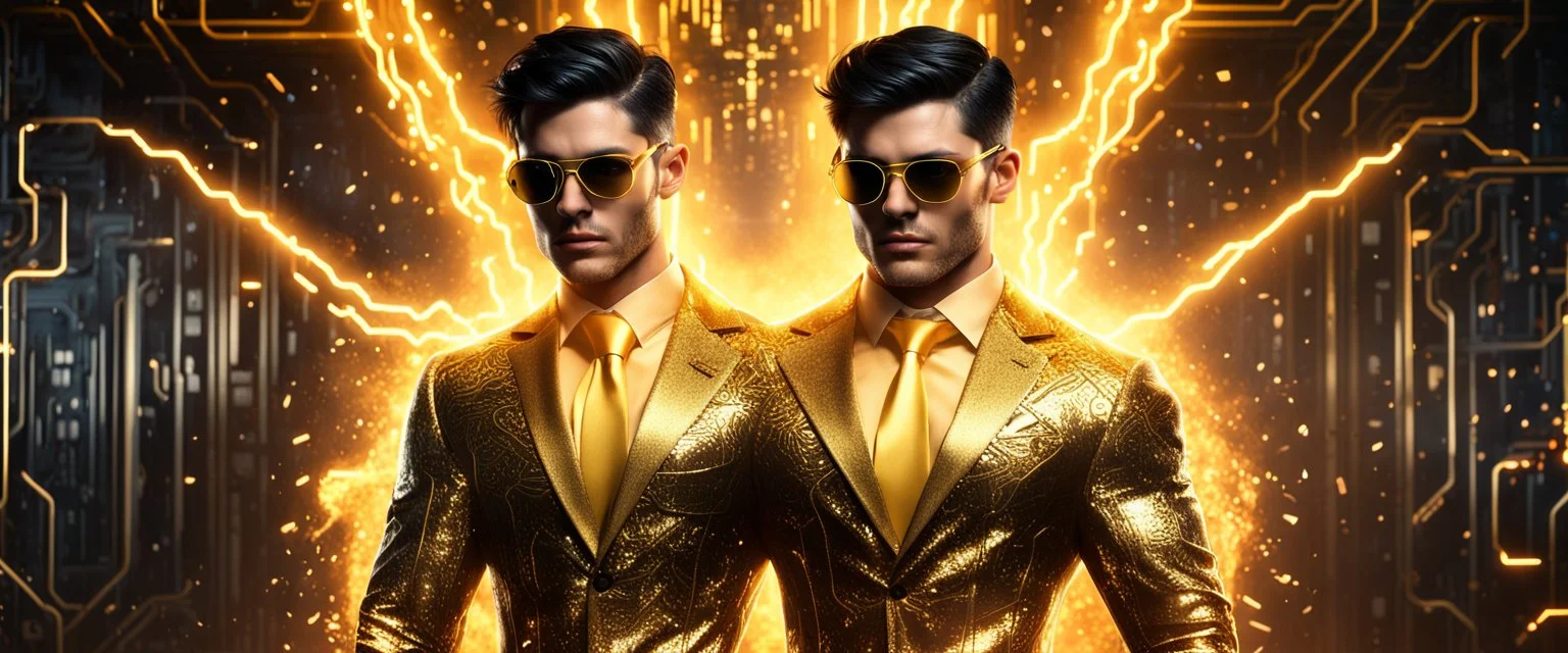 Hyper Realistic handsome muscular Electric-Superhero with short-black-hair wearing long-fancy-golden-tuxedo-with-yellow-circuit-patterns & fancy-sunglasses in a dark-rustic-circuit-room with electric-sparks-&-rays & a massive circuit-board-wall with-glowing-embers showing dramatic & cinematic ambiance.