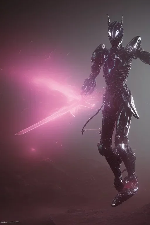 Full body, futuristic black robot Ninja fighting with 2 swords, glowing purple, fighting pose, jumping