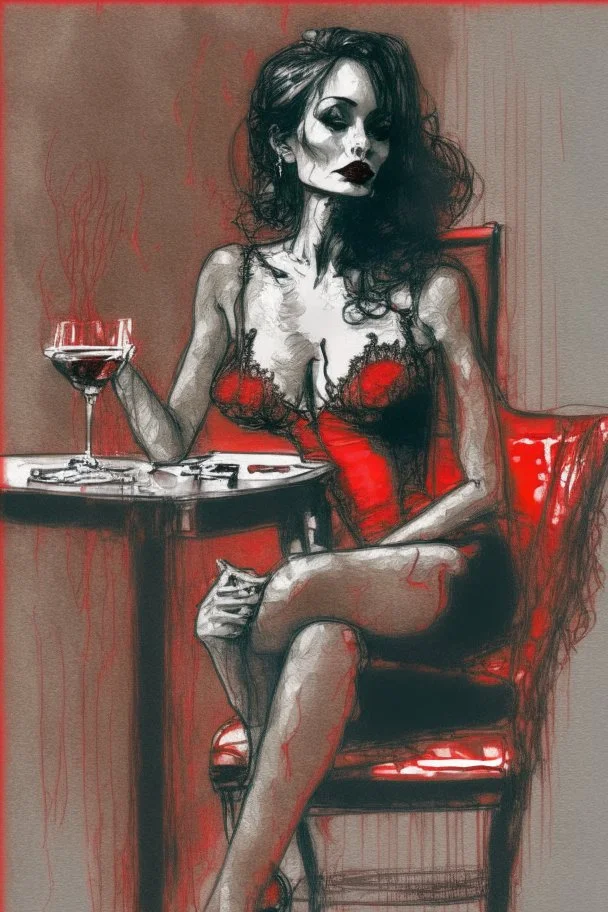 elegant beautiful brown-haired woman in red and black lace lingerie with crossed legs, proudly sitting on a chair, cigarette in her right hand, a glass of red wine on a table next to her, her lips are red, surrealist, smooth, pop, accentuate, faded glow, morning, bright, fine art, push, structure, silhouette, pencil sketch by Jean Cocteau fantasy high definition crisp quality in sunshine