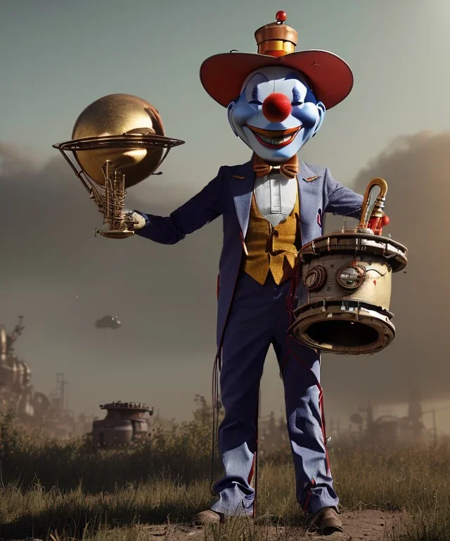 happy mechanoid clown playing jazz with a steampunk theme, realistic