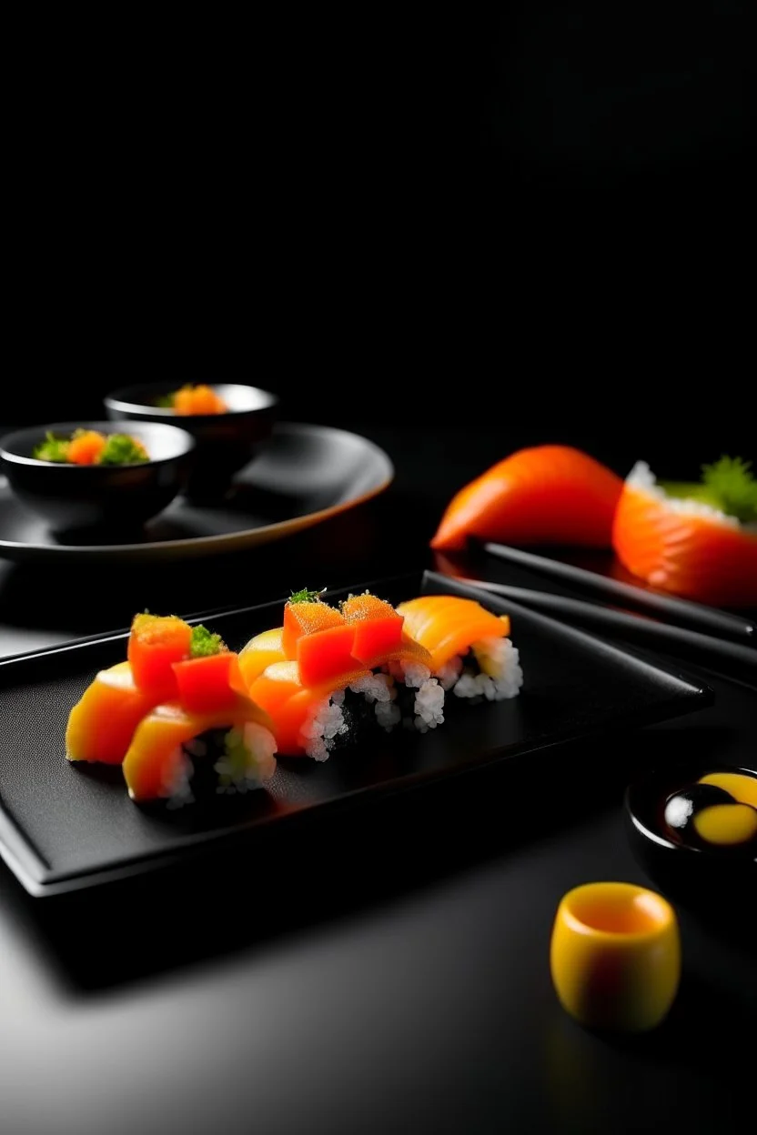 Resturant menu of sushi, sushi in the backround, black and orange