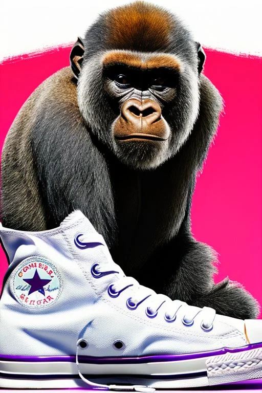 a profile picture of a small gorilla sitting in a purple Converse sneaker, like it's a car, comic style